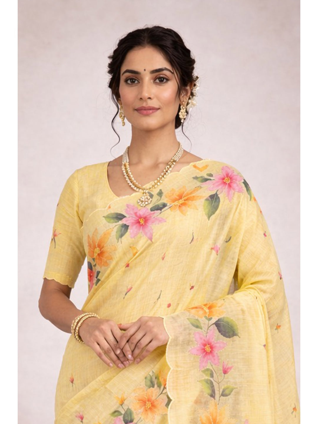 Peachmode Yellow Cotton Blend Dashrangi Saree - Image 2