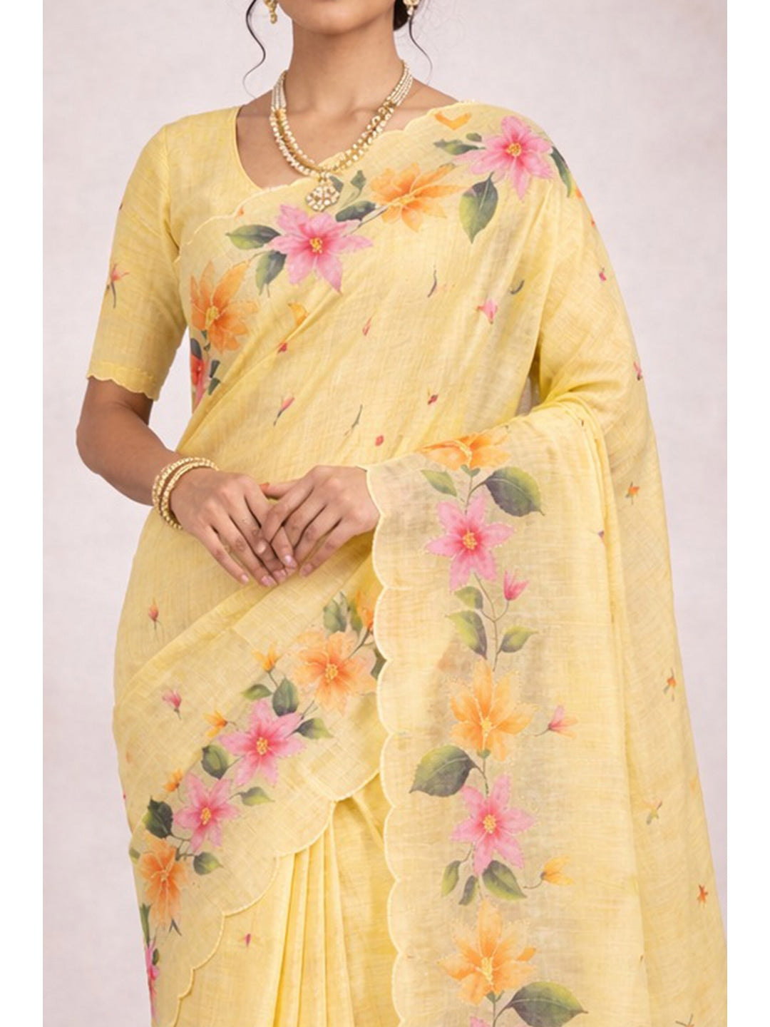 Peachmode Yellow Cotton Blend Dashrangi Saree - Image 3