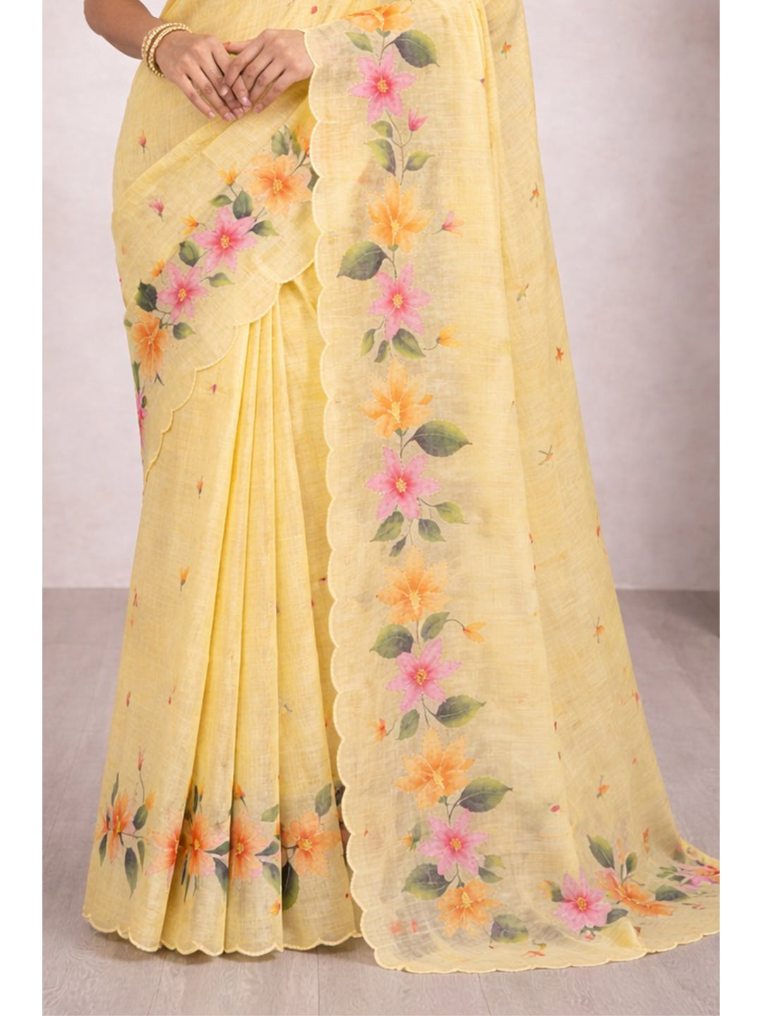 Peachmode Yellow Cotton Blend Dashrangi Saree - Image 4