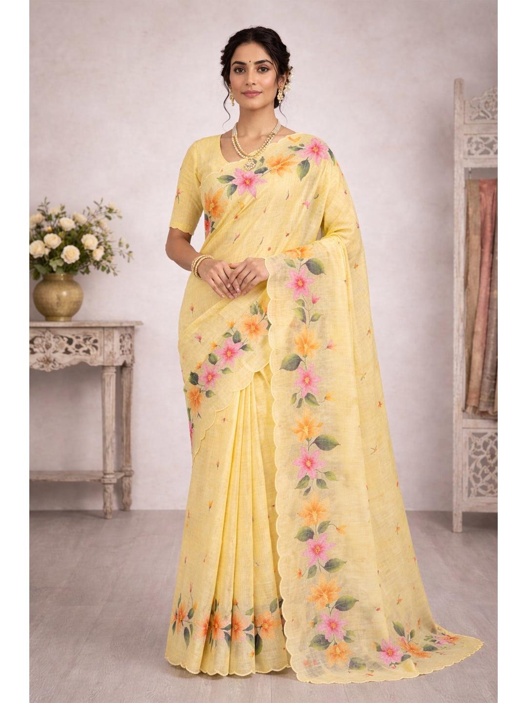 Peachmode Yellow Cotton Blend Dashrangi Saree - Image 1