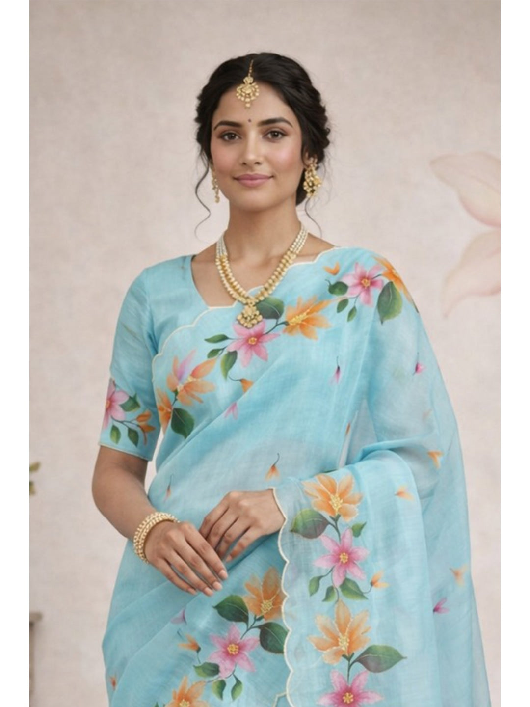 Peachmode Blue Cotton Blend Dashrangi Saree - Image 2