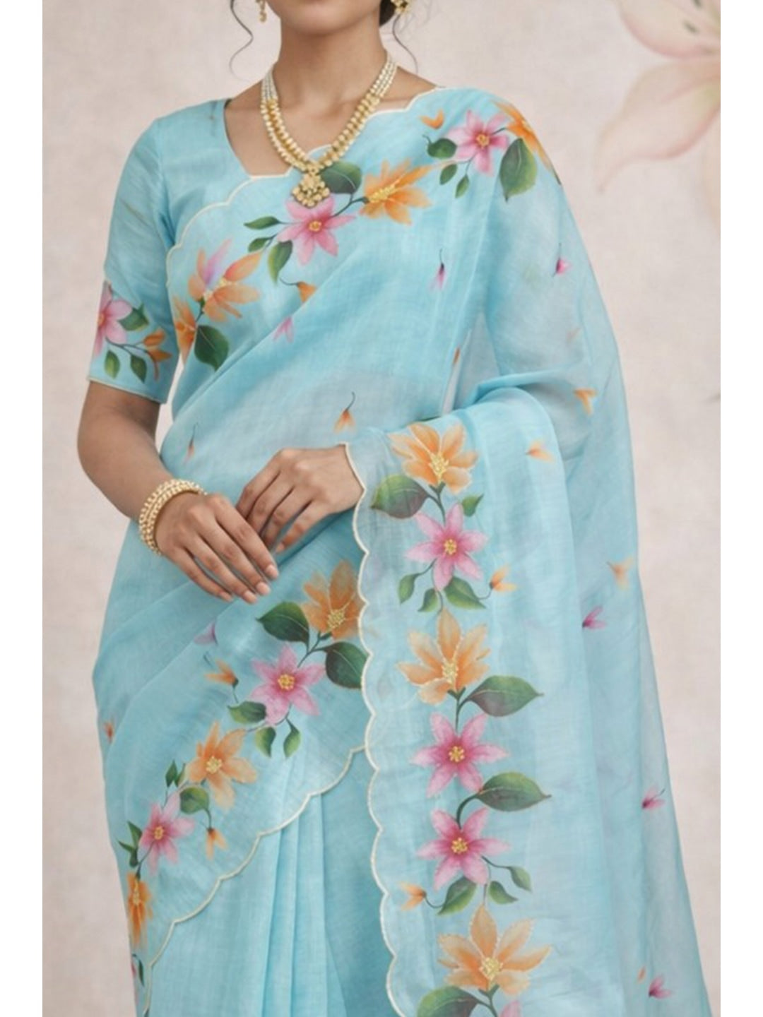 Peachmode Blue Cotton Blend Dashrangi Saree - Image 3