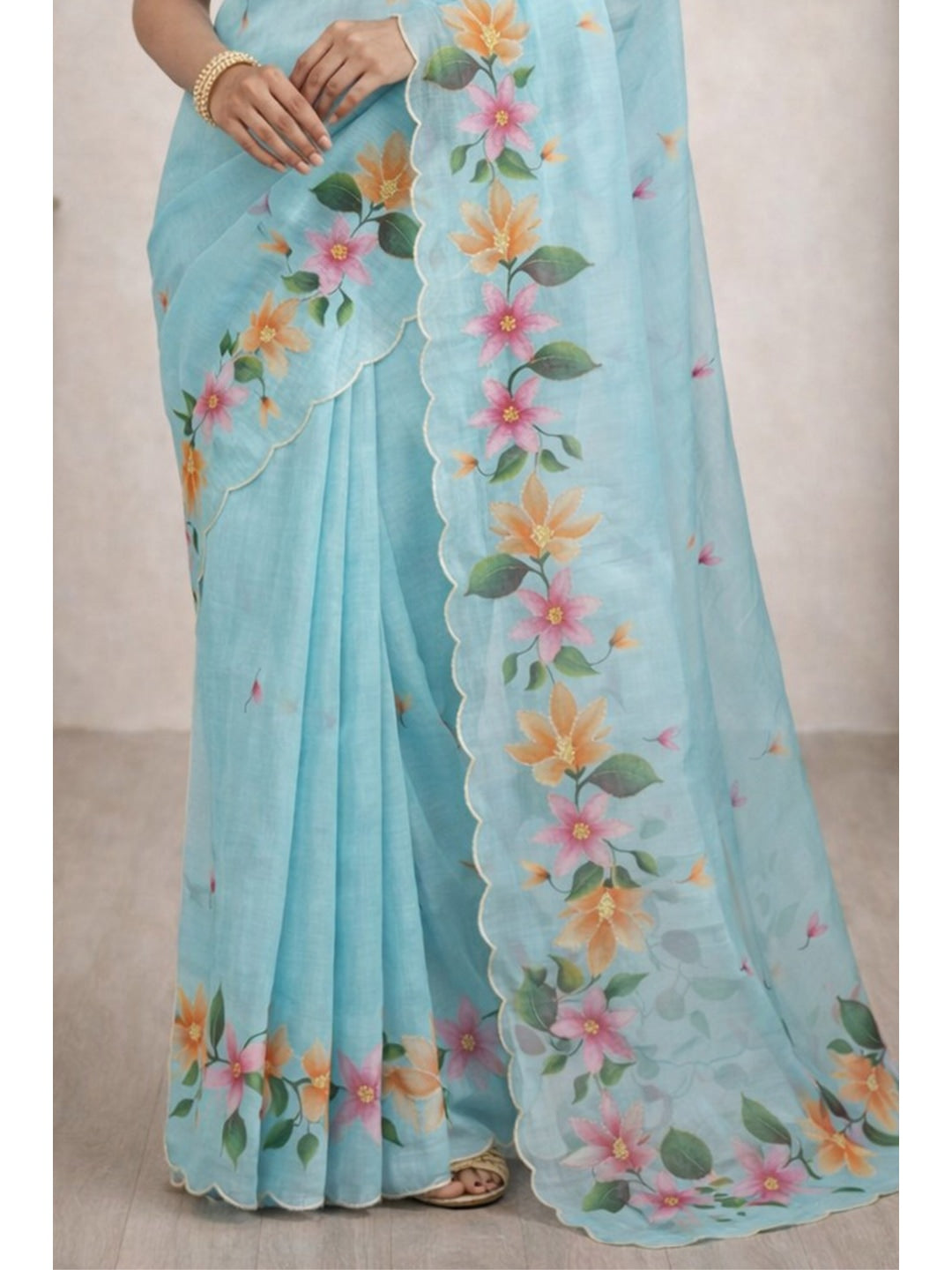 Peachmode Blue Cotton Blend Dashrangi Saree - Image 4