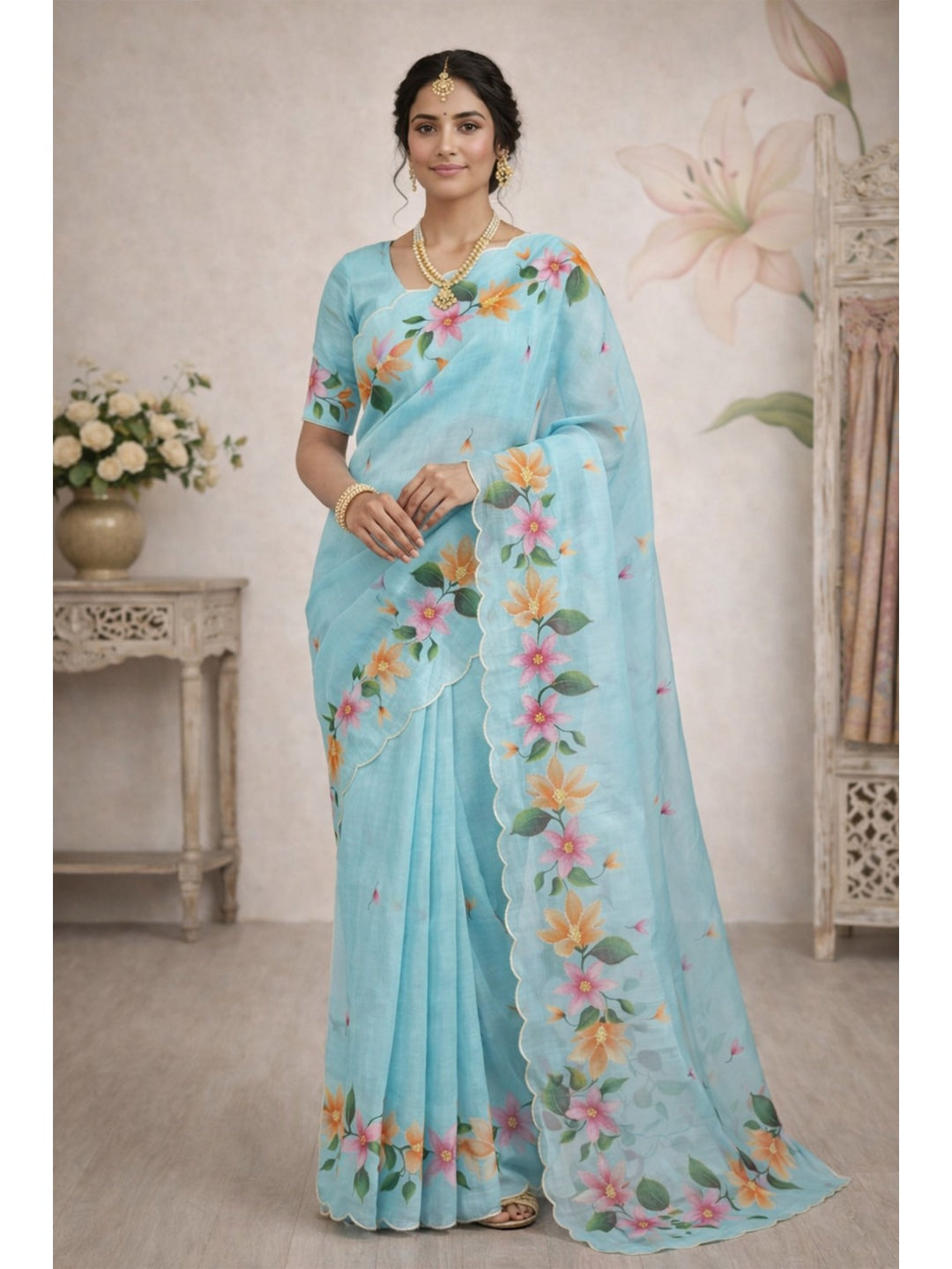 Peachmode Blue Cotton Blend Dashrangi Saree - Image 1