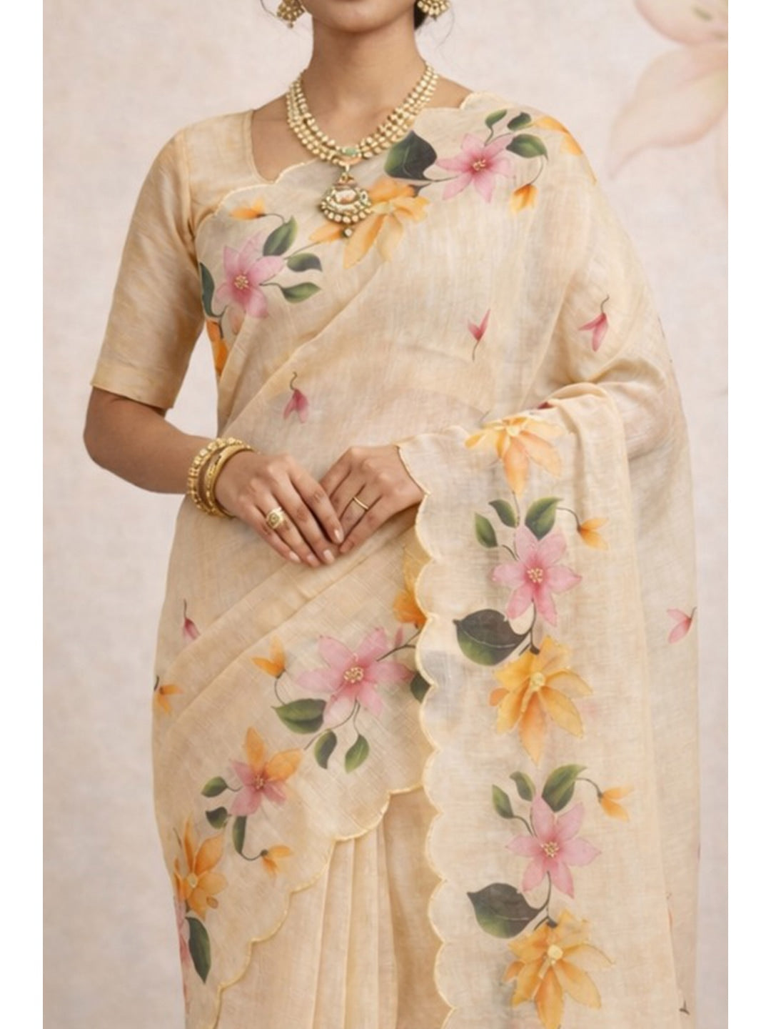 Peachmode Beige Cotton Blend Dashrangi Saree - Image 3