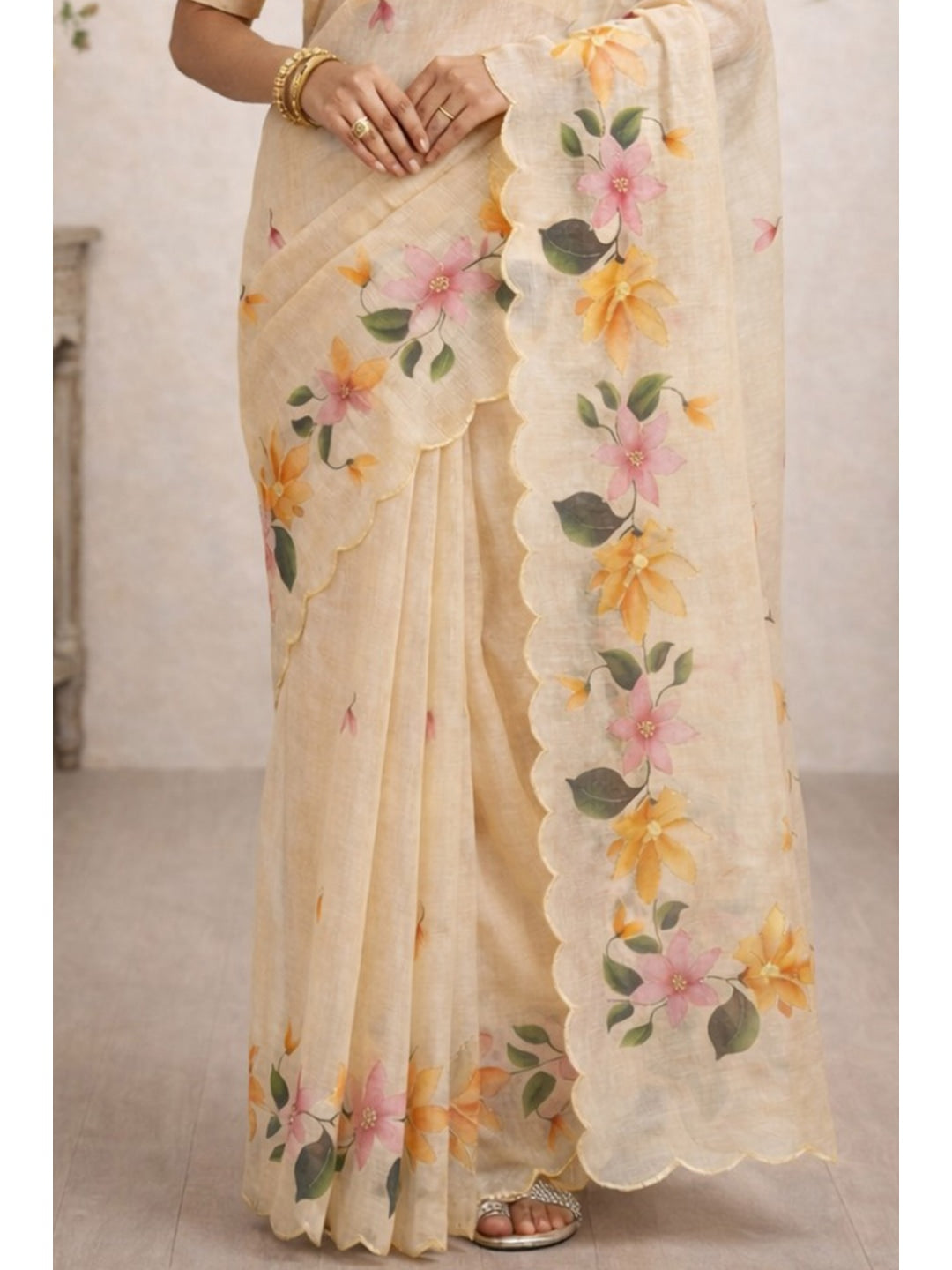 Peachmode Beige Cotton Blend Dashrangi Saree - Image 4