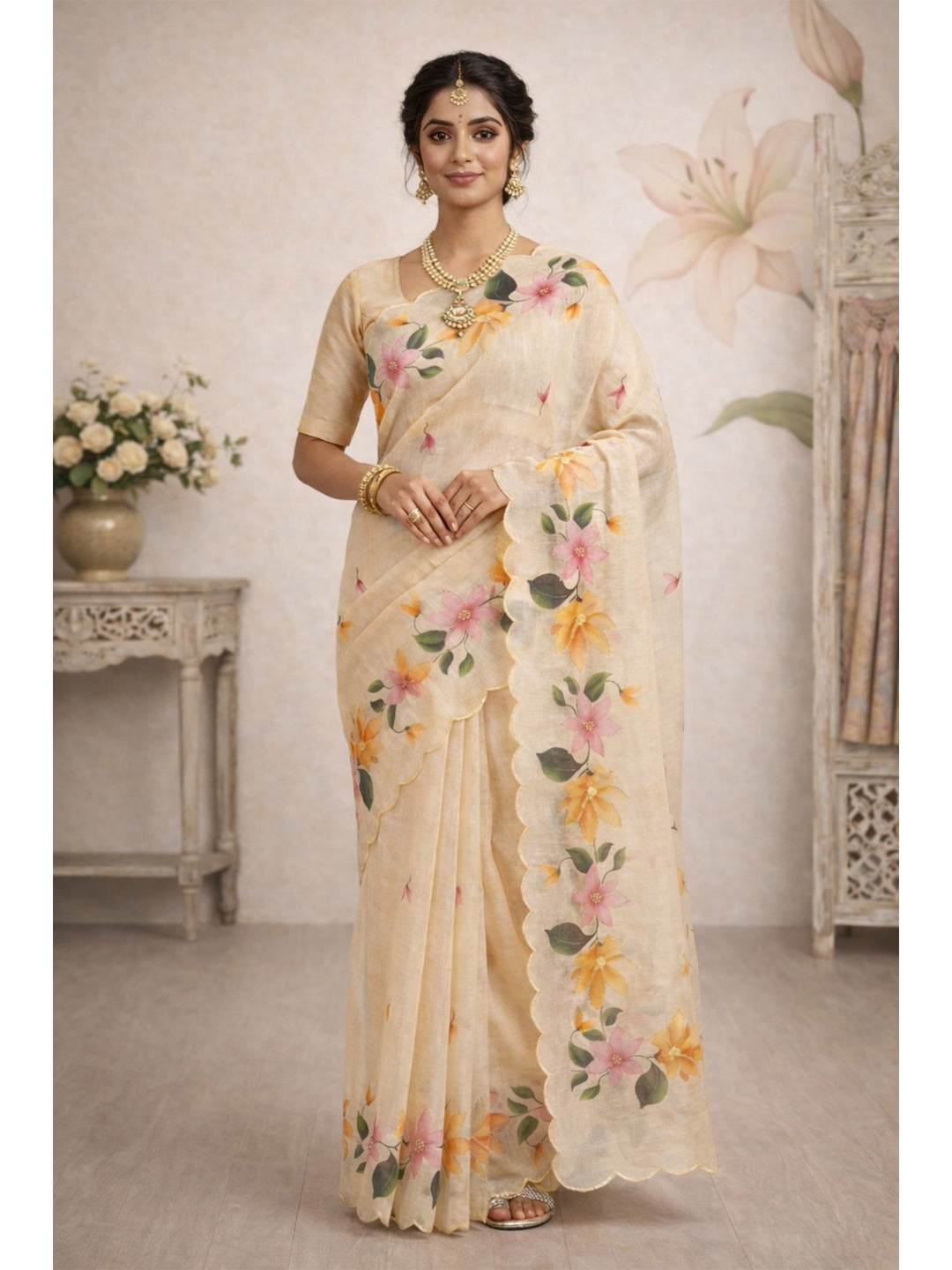 Peachmode Beige Cotton Blend Dashrangi Saree - Image 1