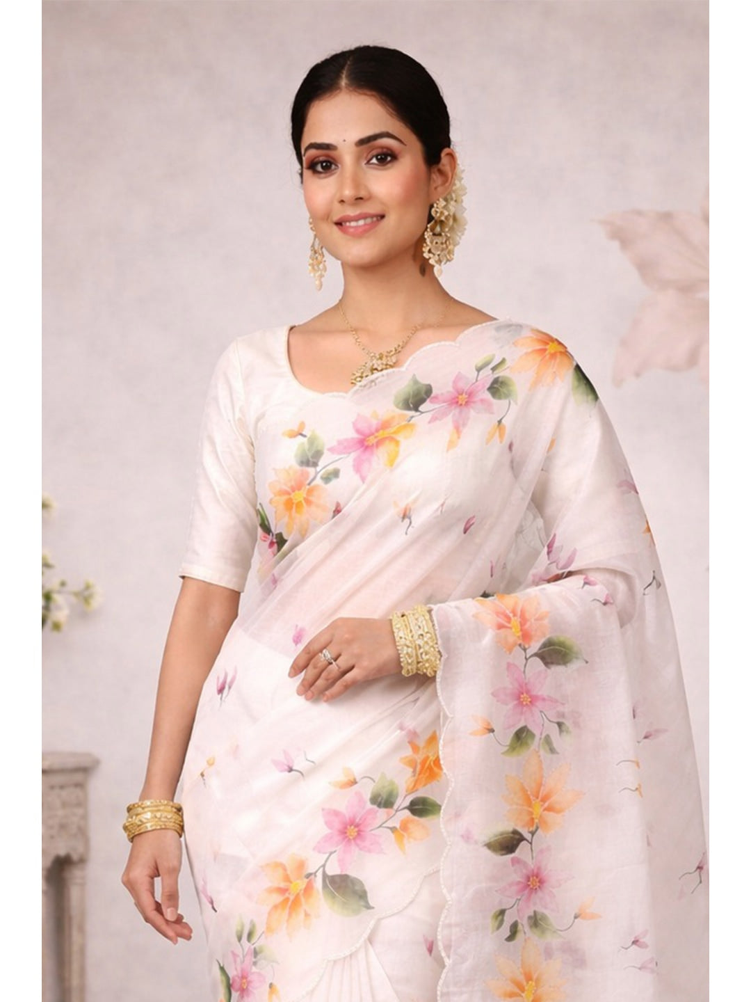 Peachmode Offwhite Cotton Blend Dashrangi Saree - Image 2