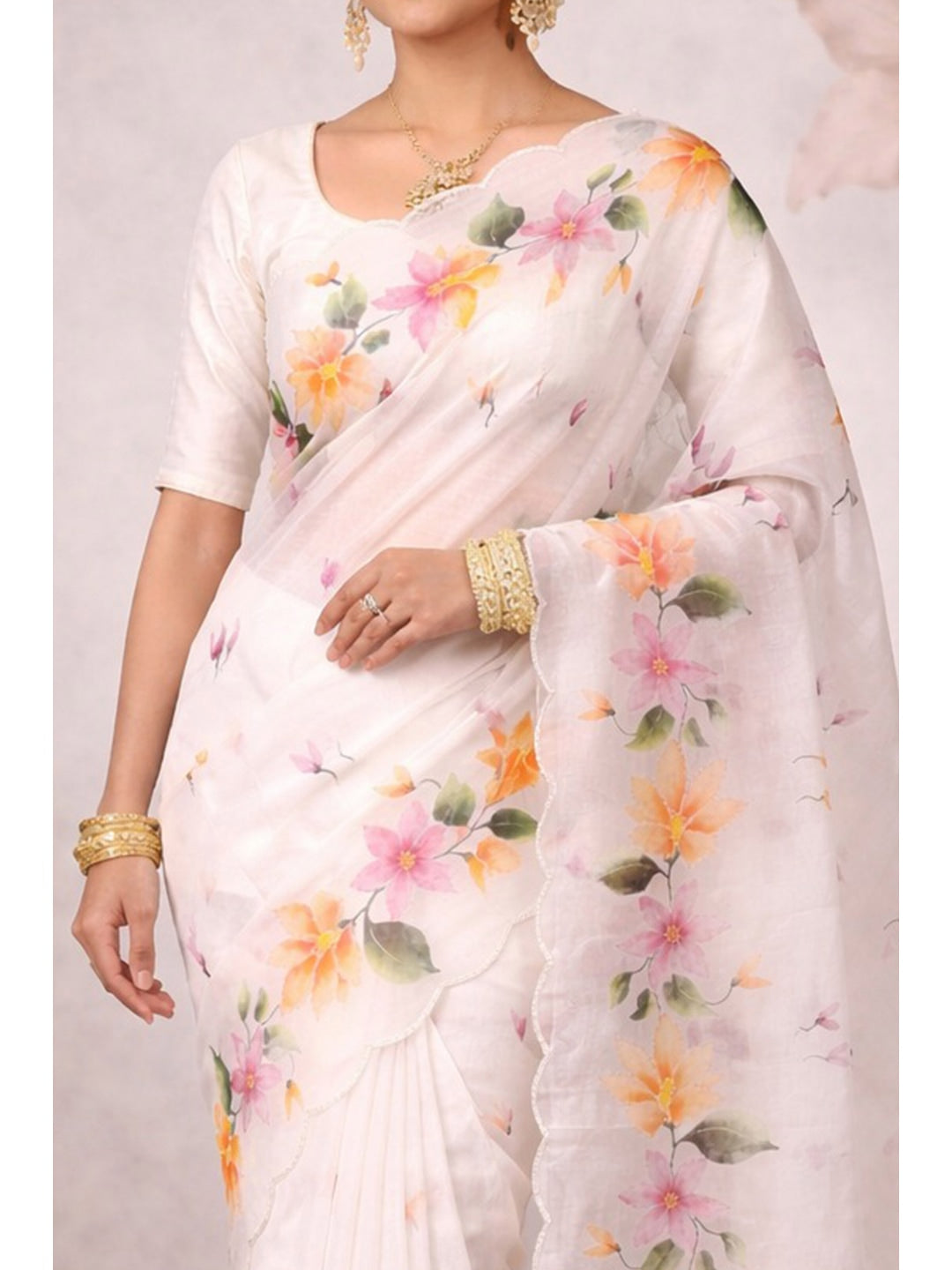 Peachmode Offwhite Cotton Blend Dashrangi Saree - Image 3