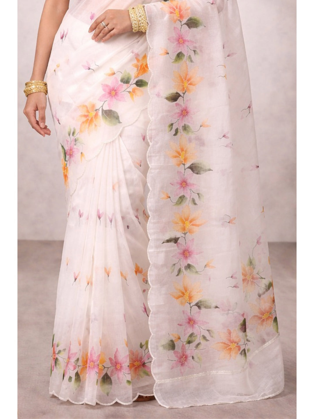 Peachmode Offwhite Cotton Blend Dashrangi Saree - Image 4