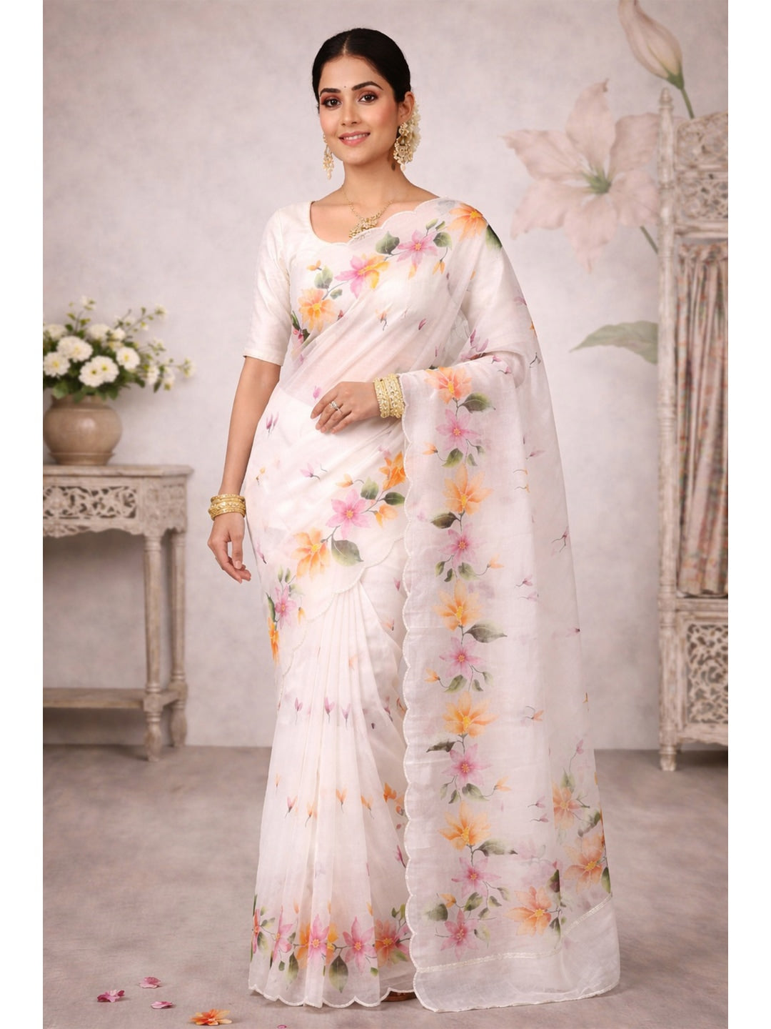 Peachmode Offwhite Cotton Blend Dashrangi Saree - Image 1