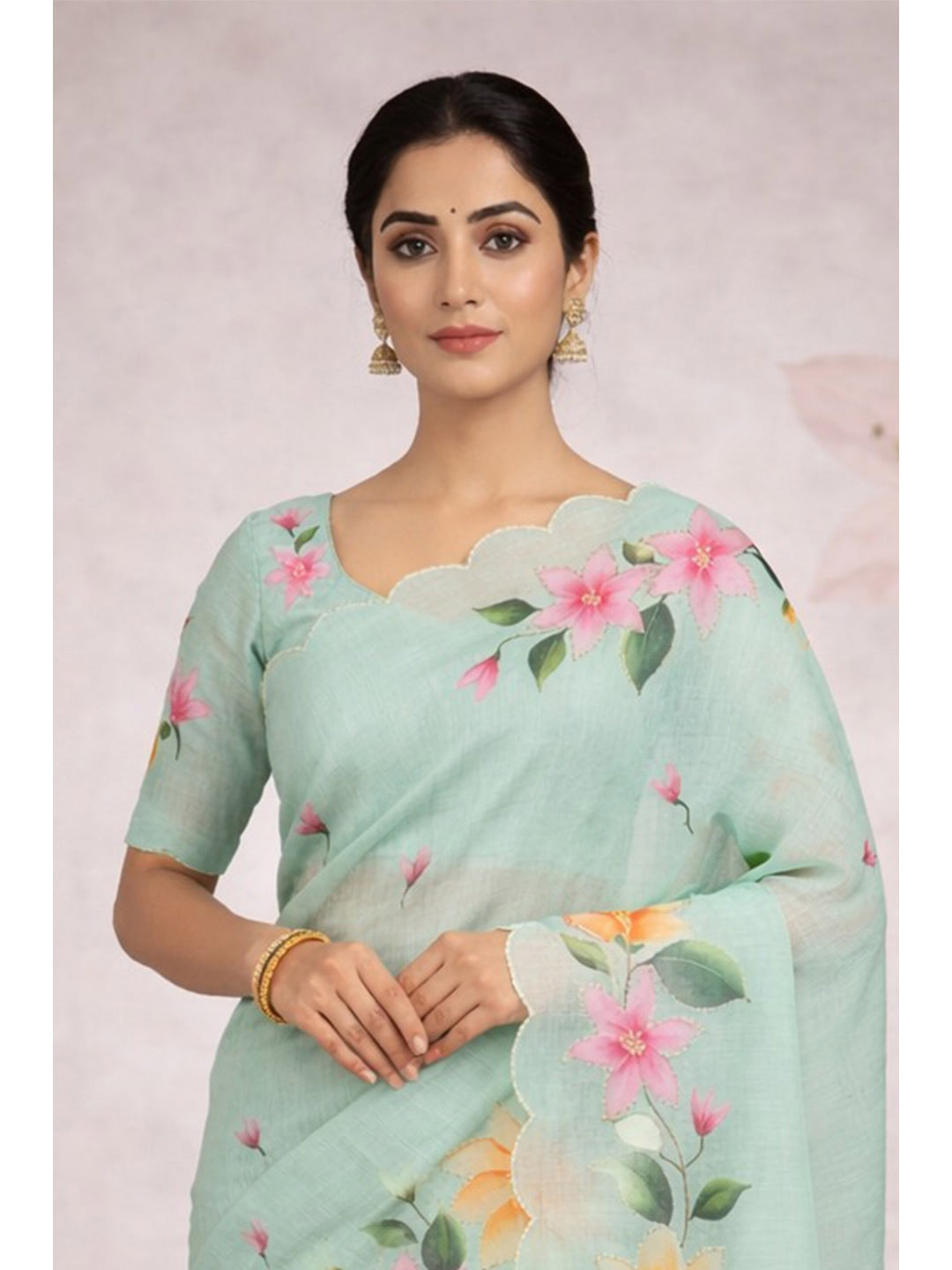 Peachmode Sea Green Cotton Blend Dashrangi Saree - Image 2