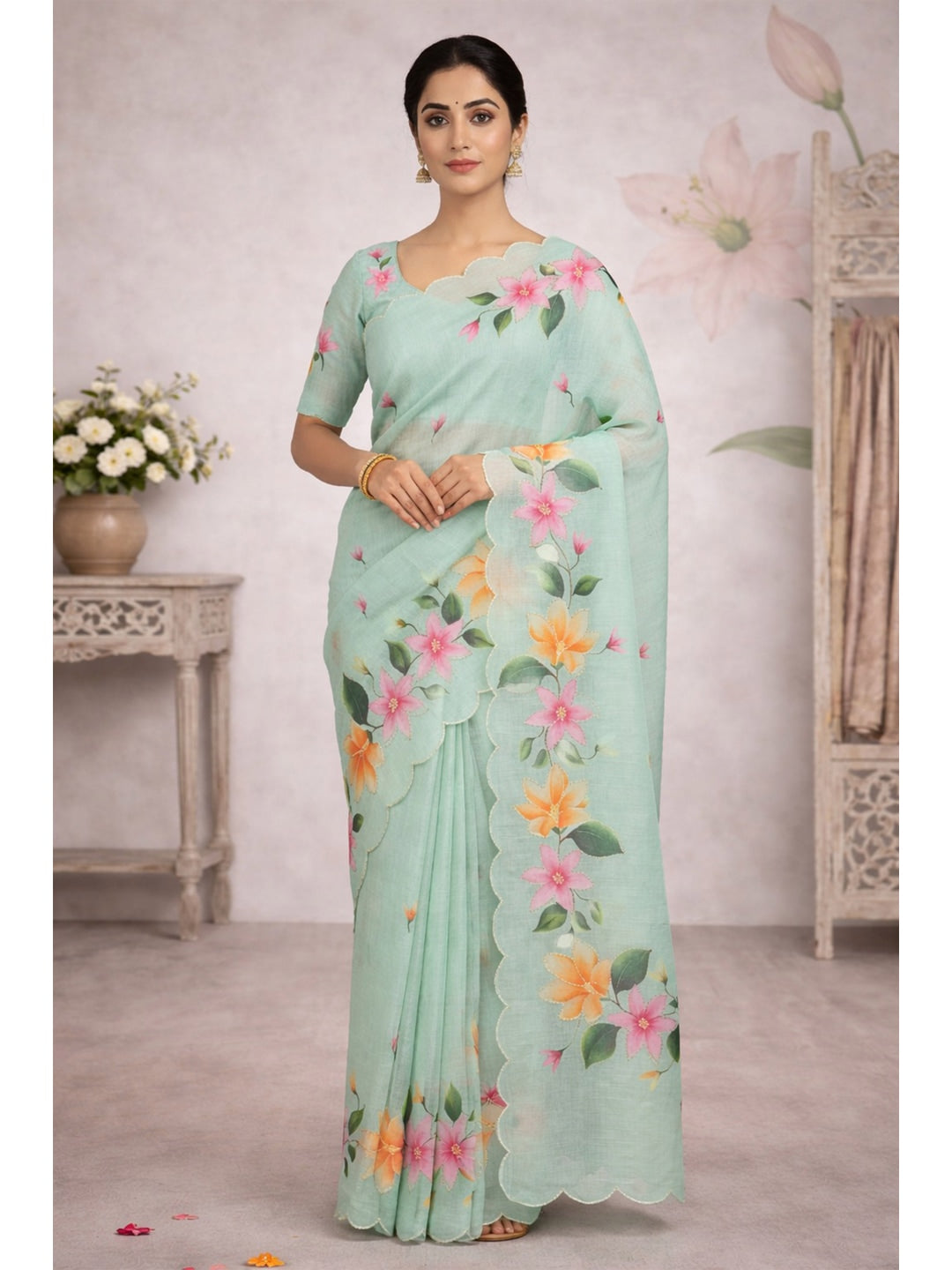 Peachmode Sea Green Cotton Blend Dashrangi Saree - Image 1