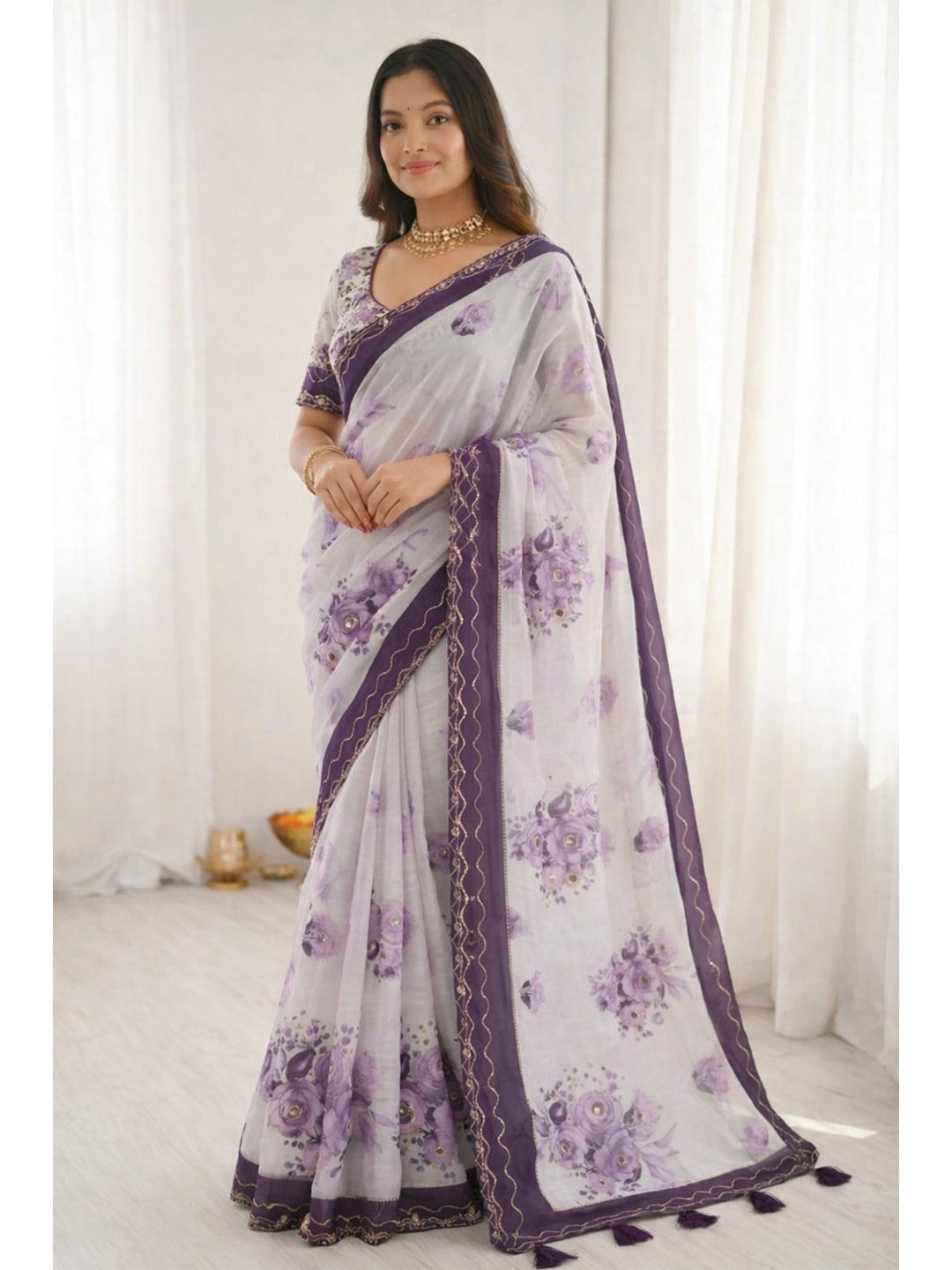Peachmode Purple Cotton Blend Devika Saree - Image 1