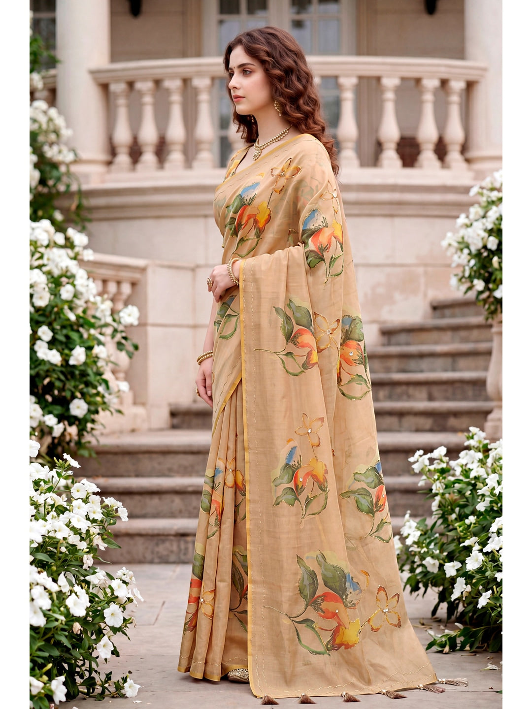 Peachmode Beige Cotton Blend Erodi Saree - Image 3
