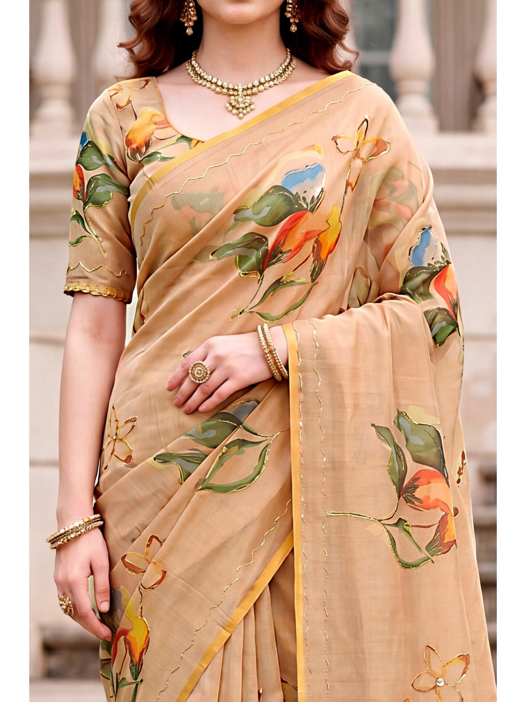 Peachmode Beige Cotton Blend Erodi Saree - Image 4