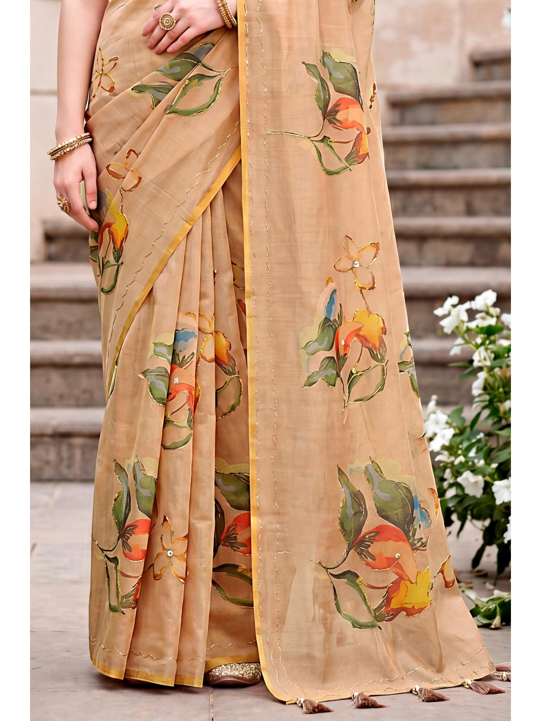 Peachmode Beige Cotton Blend Erodi Saree - Image 5
