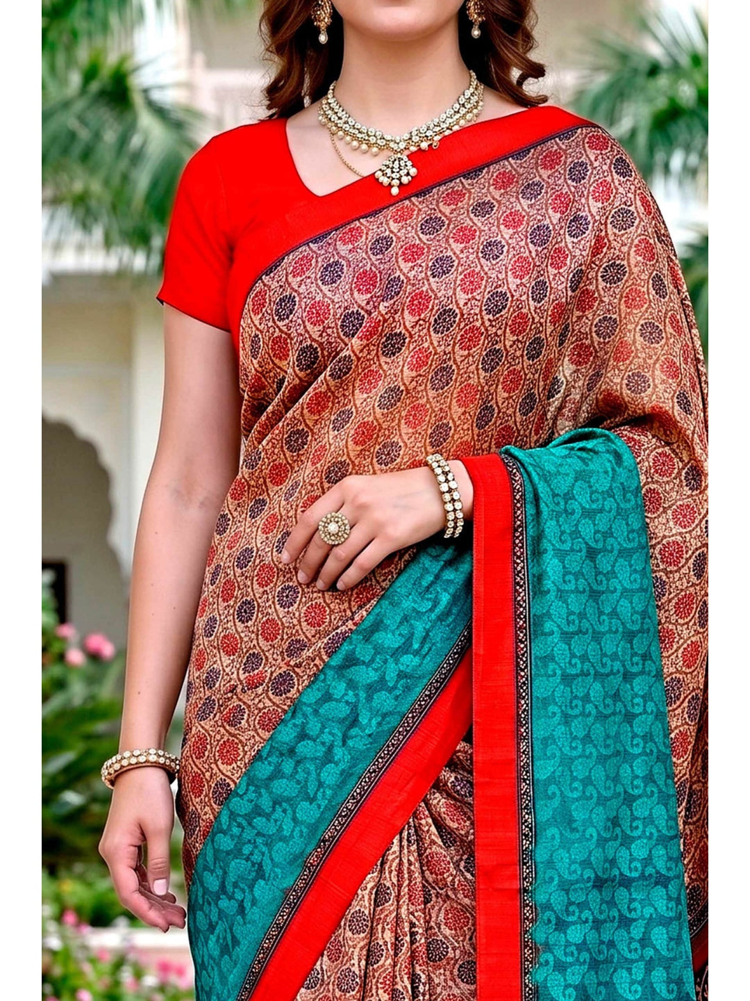 Peachmode Beige & Teal Cotton Blend Harshita Saree - Image 5
