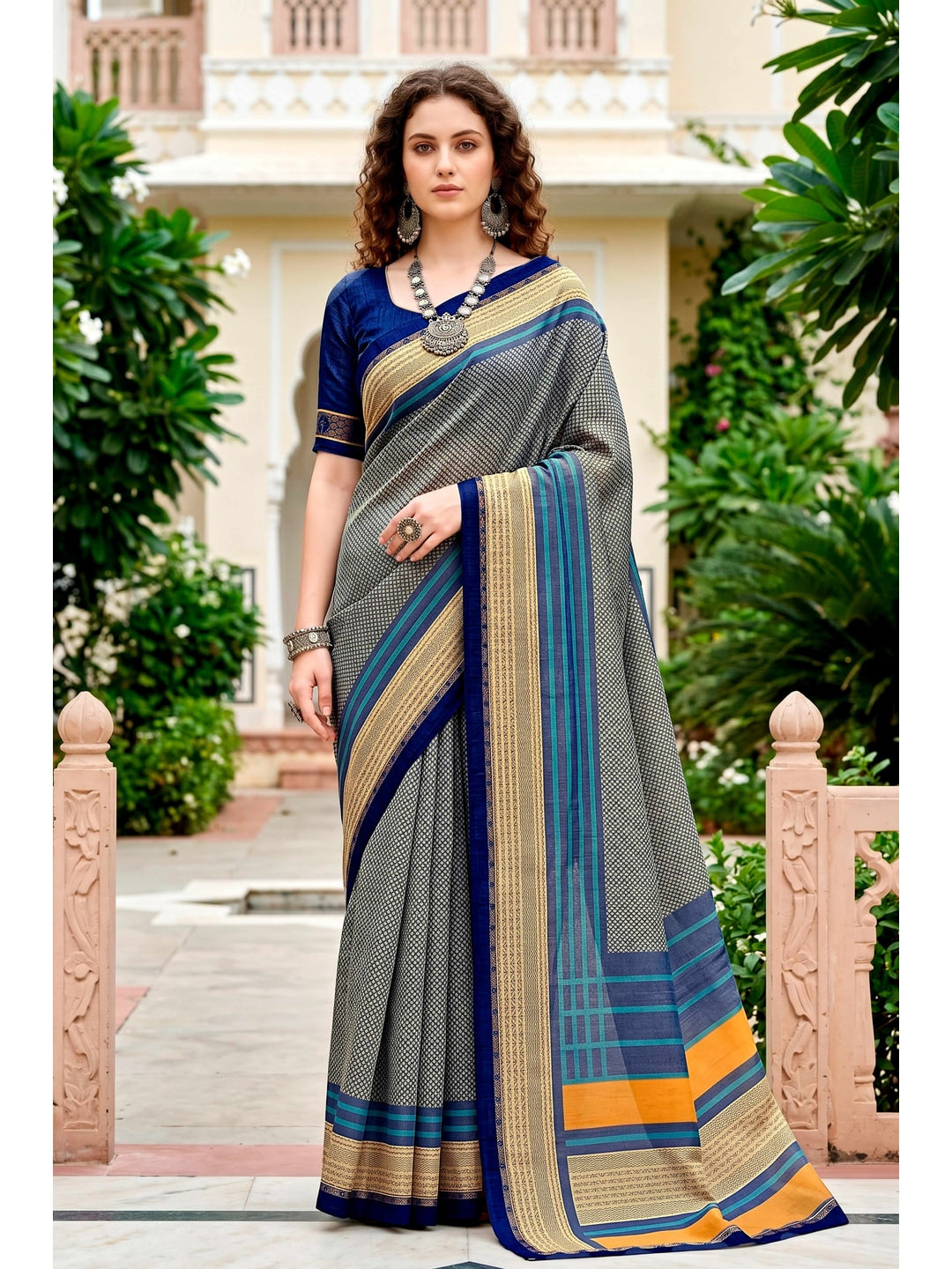 Peachmode Grey Cotton Blend Harshita Saree - Image 1