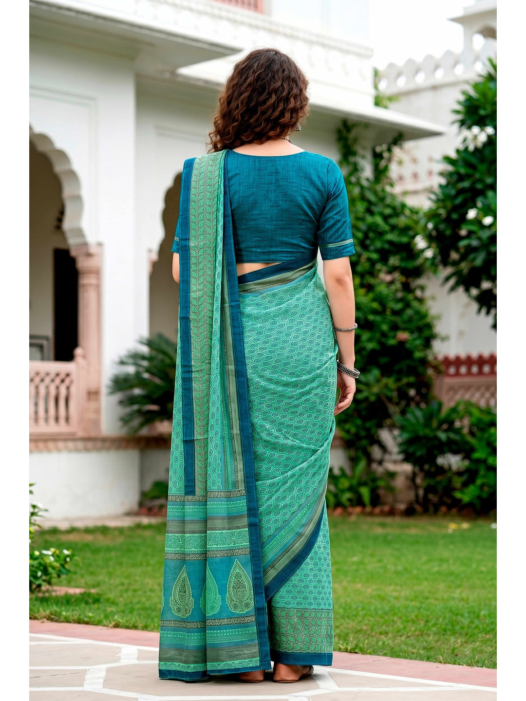 Peachmode Mint Green Cotton Blend Harshita Saree - Image 4