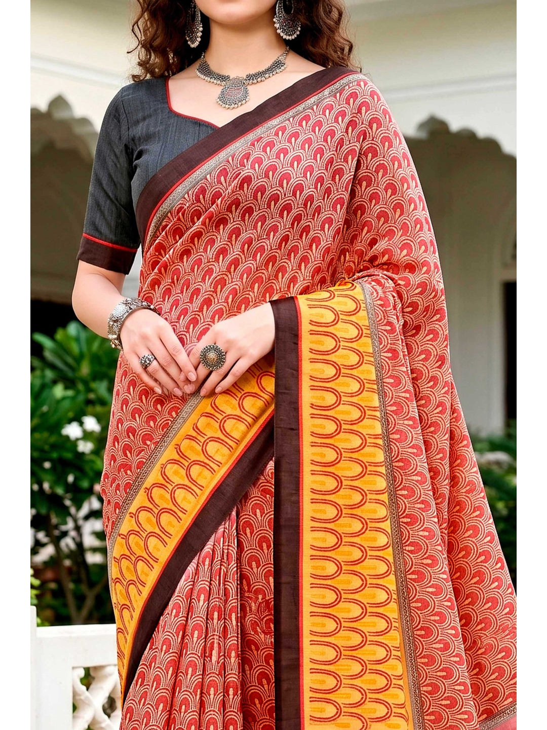 Peachmode Brick Red Cotton Blend Harshita Saree - Image 5