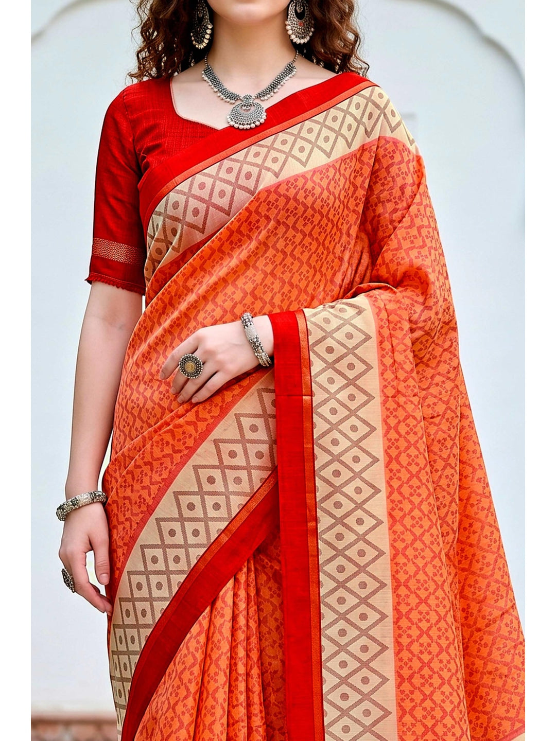 Peachmode Orange Cotton Blend Harshita Saree - Image 5