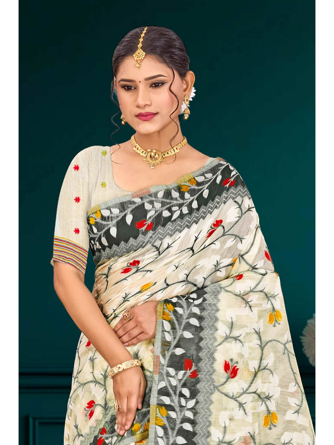 Peachmode Grey Cotton Blend Kashish Saree - Image 2