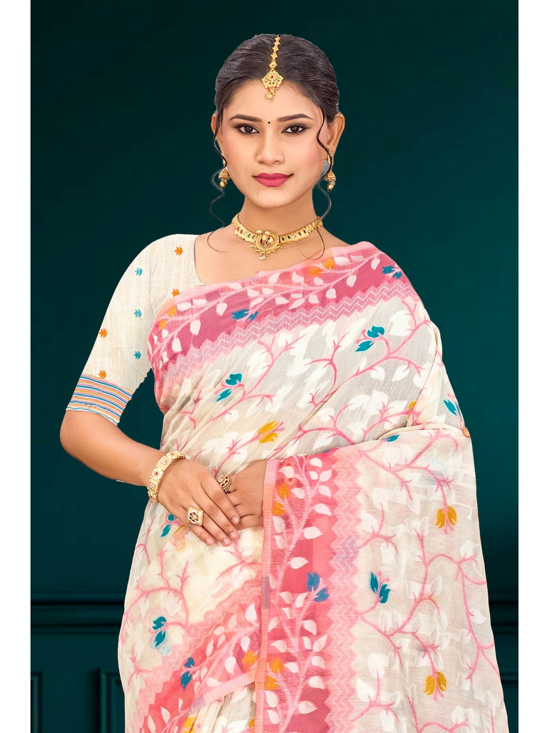 Peachmode Pink Cotton Blend Kashish Saree - Image 2