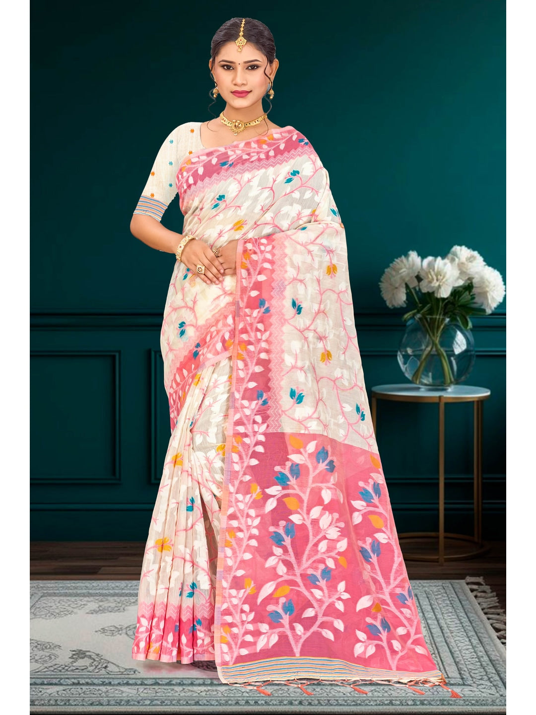 Peachmode Pink Cotton Blend Kashish Saree - Image 1