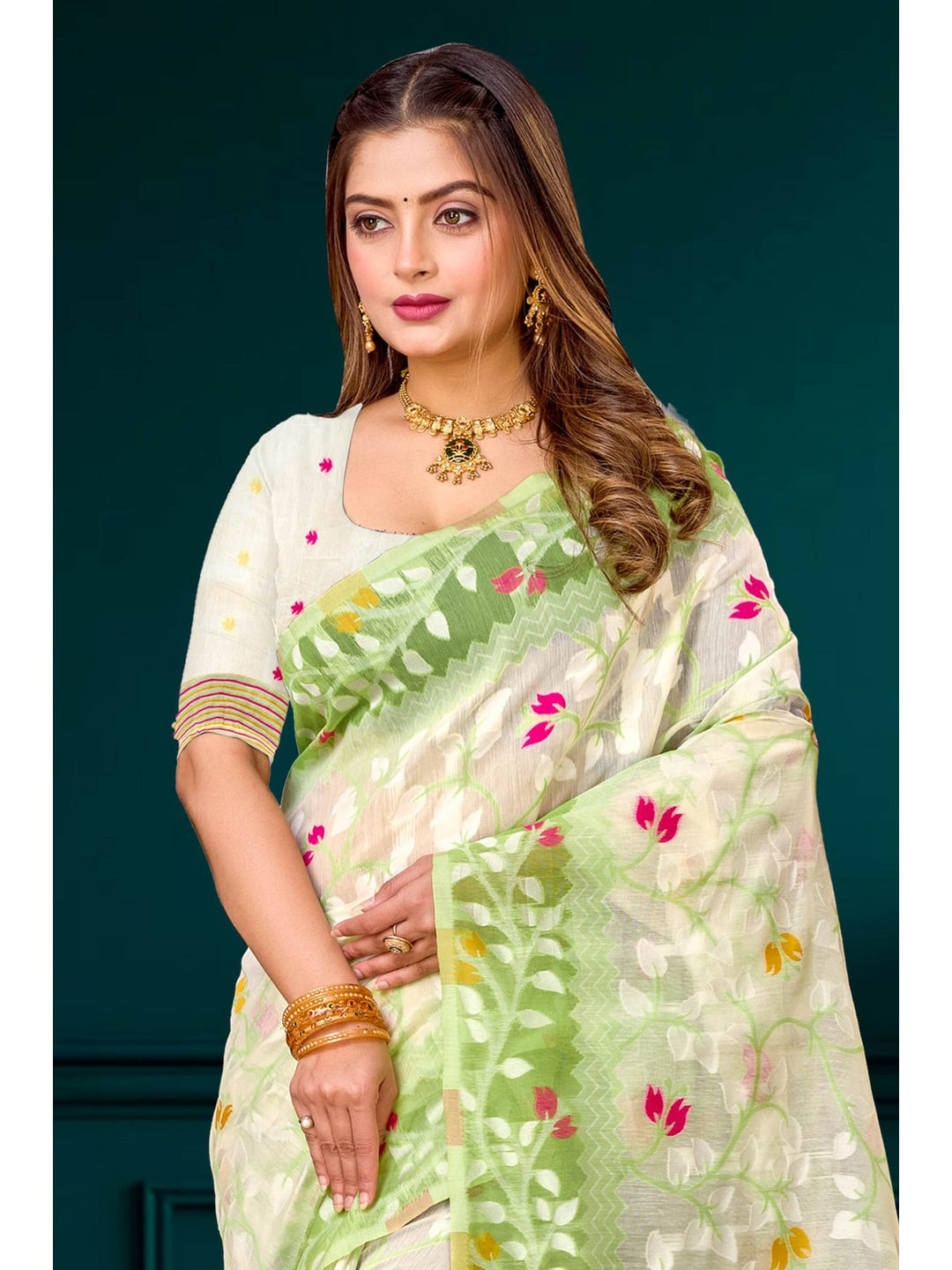 Peachmode Green Cotton Blend Kashish Saree - Image 2