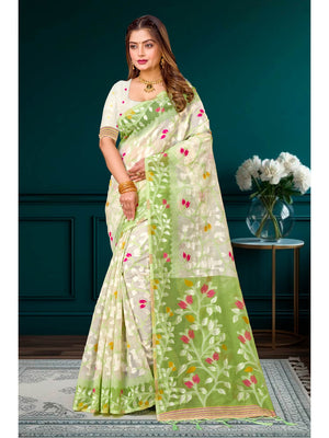 Peachmode Green Cotton Blend Kashish Saree - Image 1