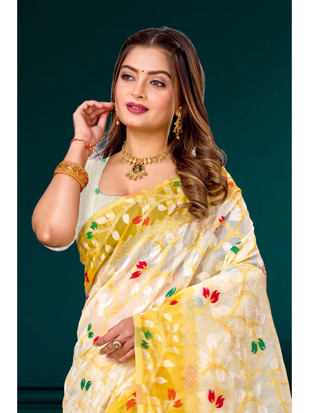 Peachmode Yellow Cotton Blend Kashish Saree - Image 2