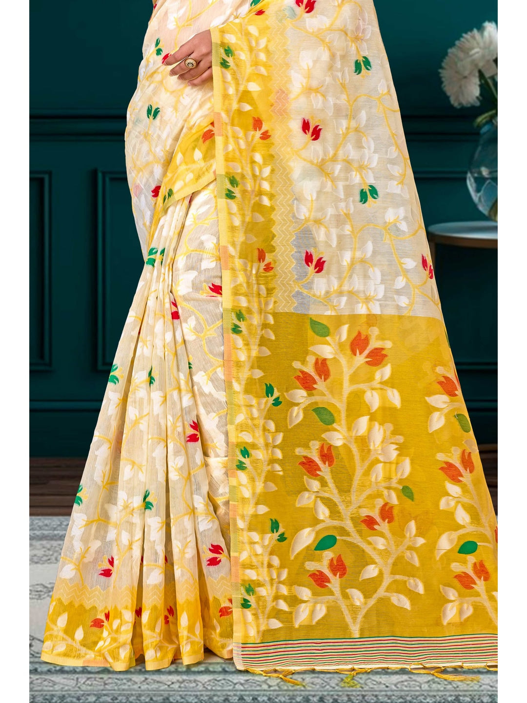 Peachmode Yellow Cotton Blend Kashish Saree - Image 3