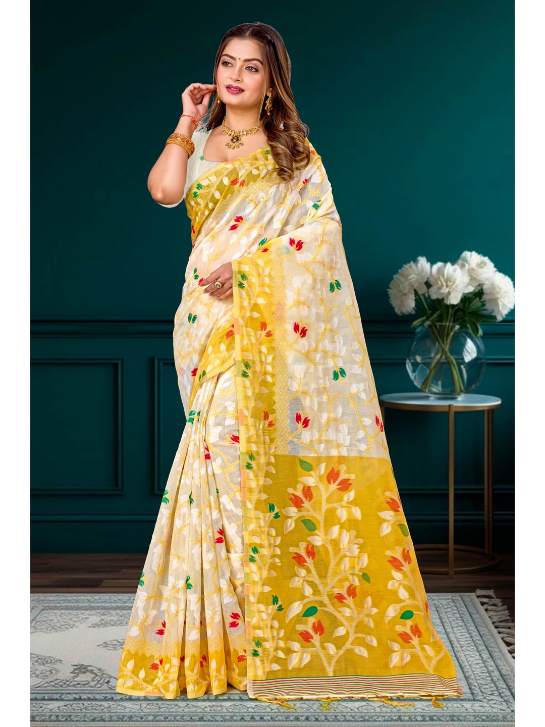 Peachmode Yellow Cotton Blend Kashish Saree - Image 1