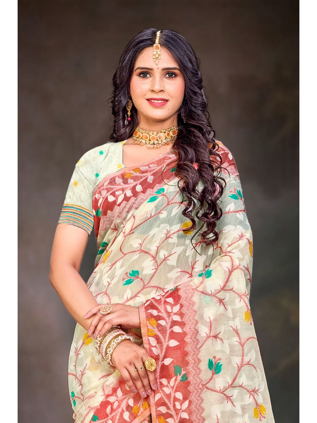 Peachmode Red Cotton Blend Saree - Image 2