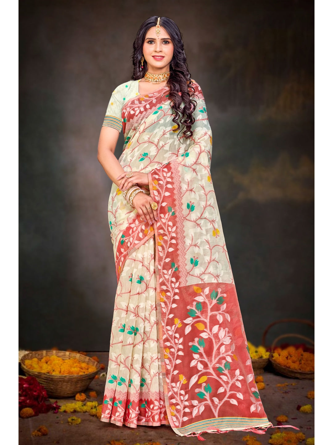 Peachmode Red Cotton Blend Saree - Image 1