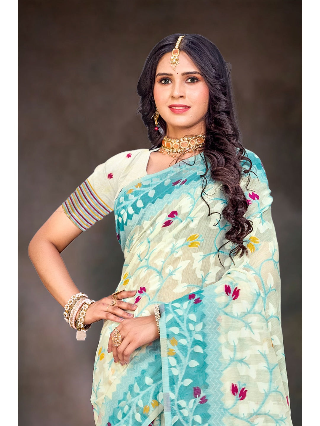 Peachmode Sea Green Cotton Blend Saree - Image 2