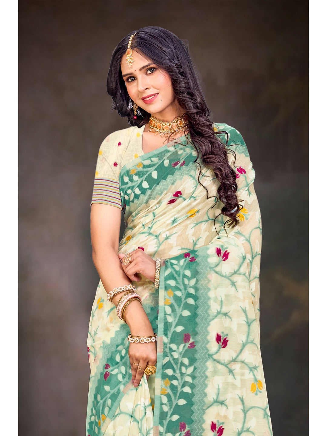 Peachmode Mint Green Cotton Blend Saree - Image 2