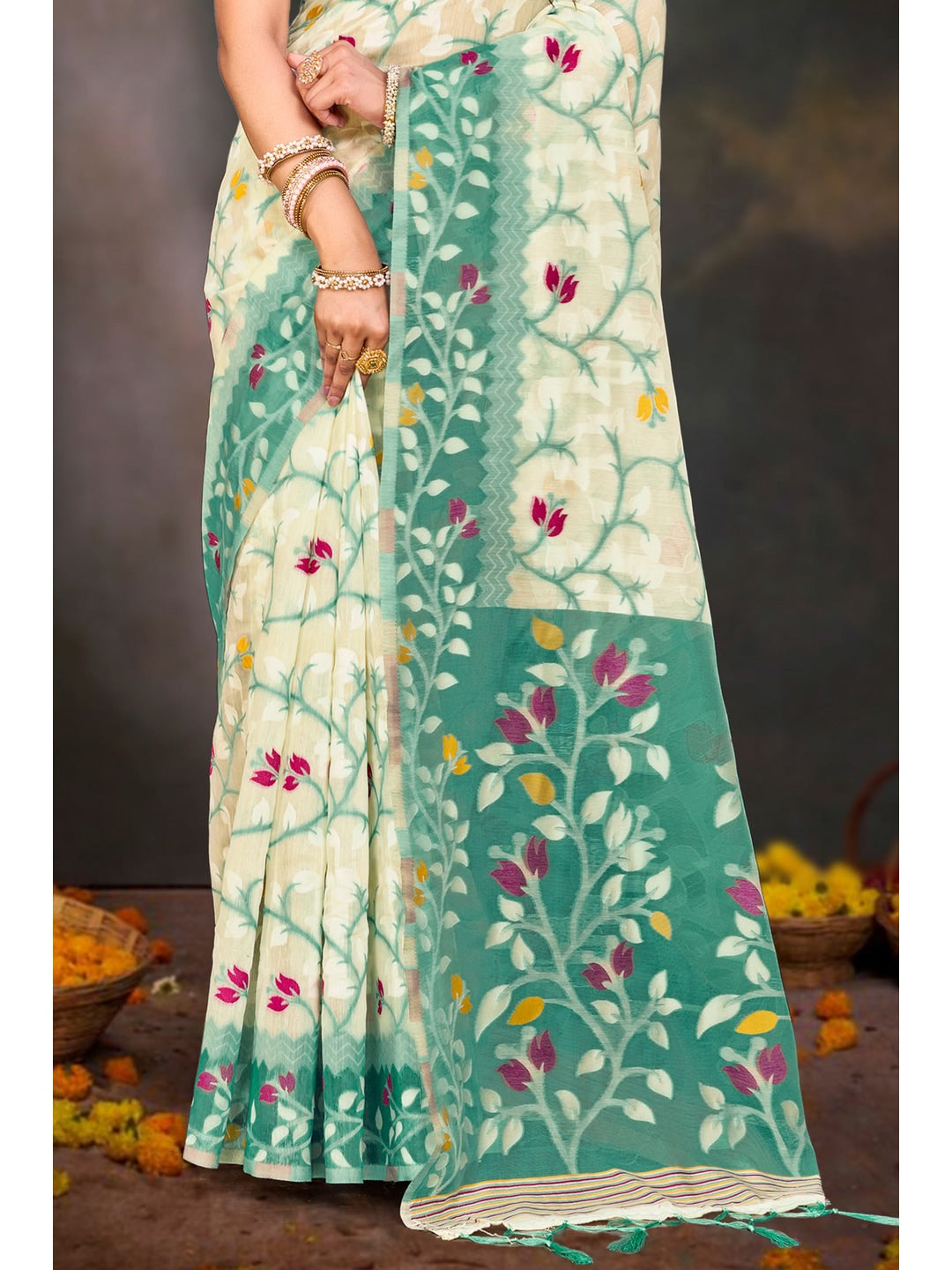 Peachmode Mint Green Cotton Blend Saree - Image 3