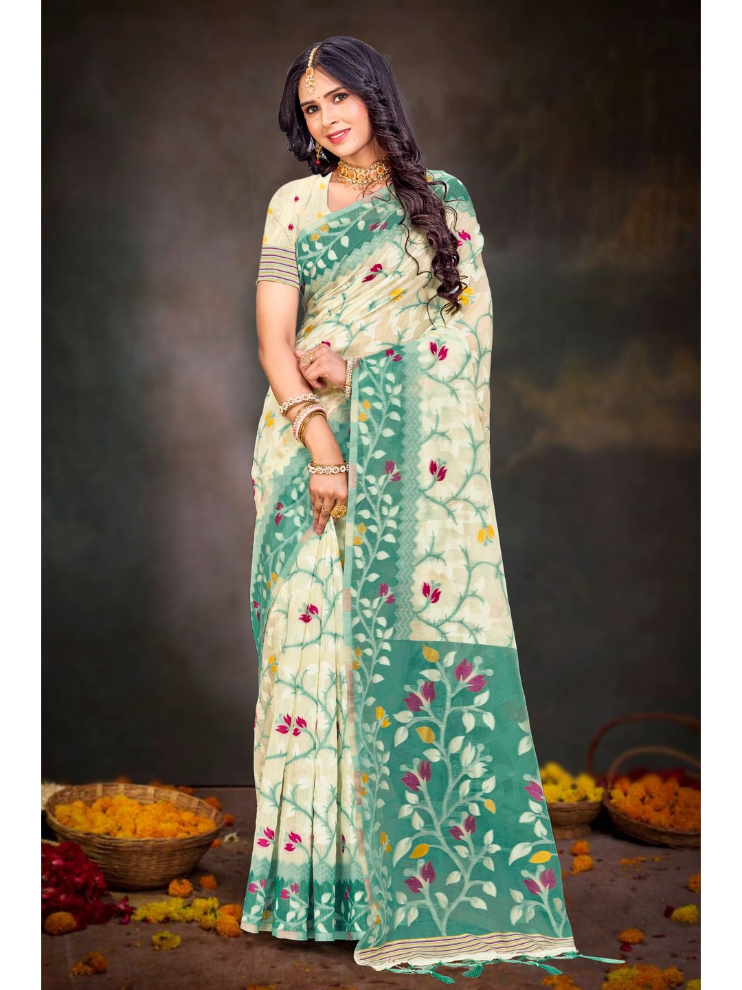 Peachmode Mint Green Cotton Blend Saree - Image 1