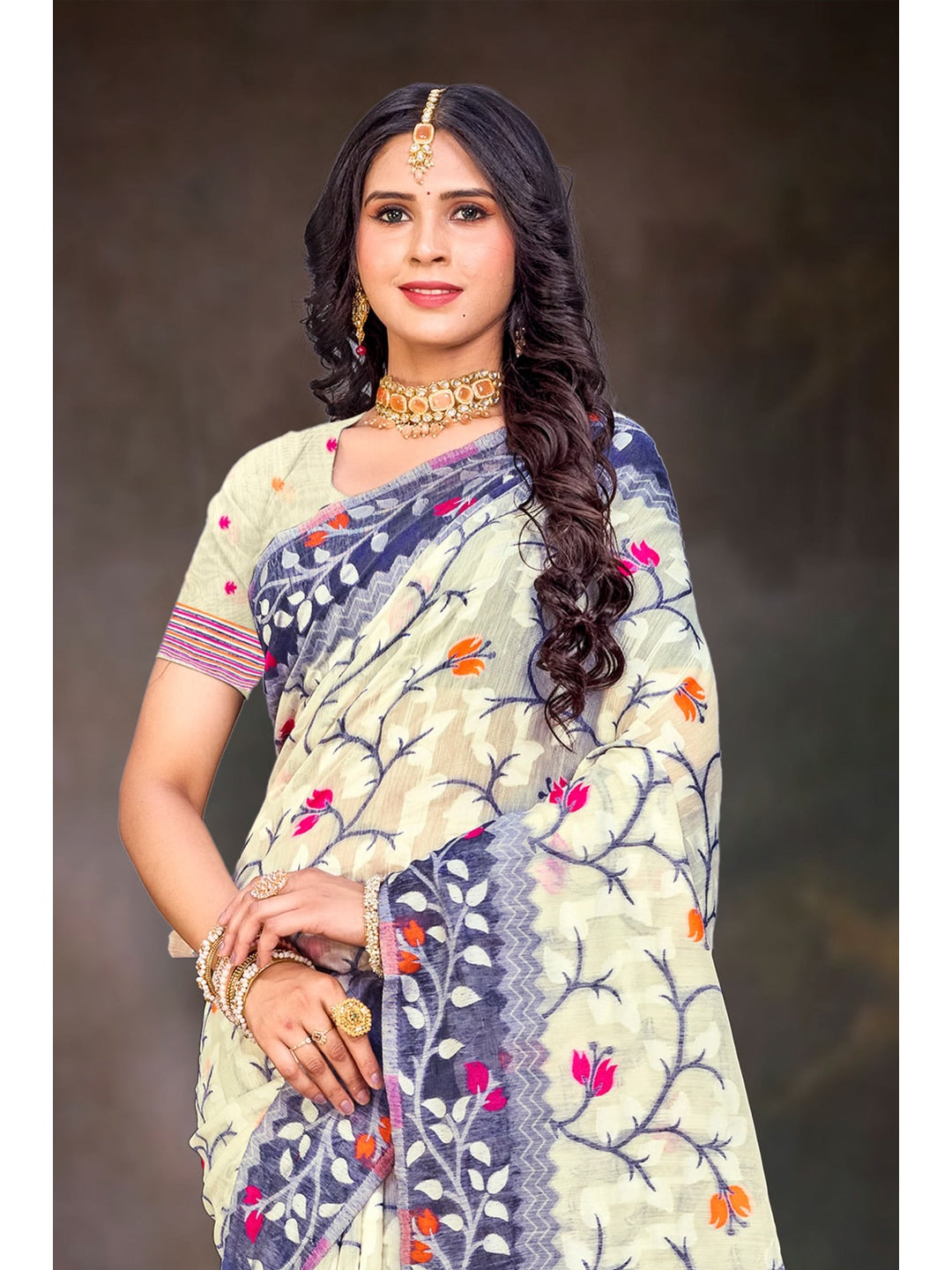 Peachmode Violet Cotton Blend Saree - Image 2