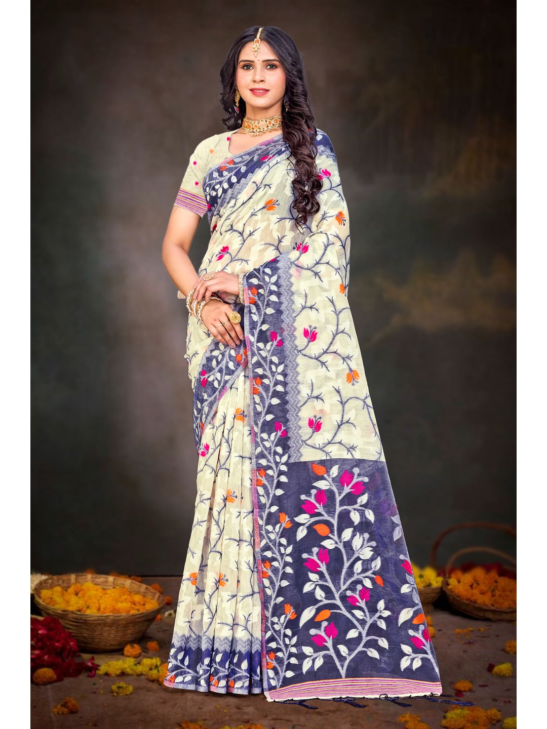Peachmode Violet Cotton Blend Saree - Image 1