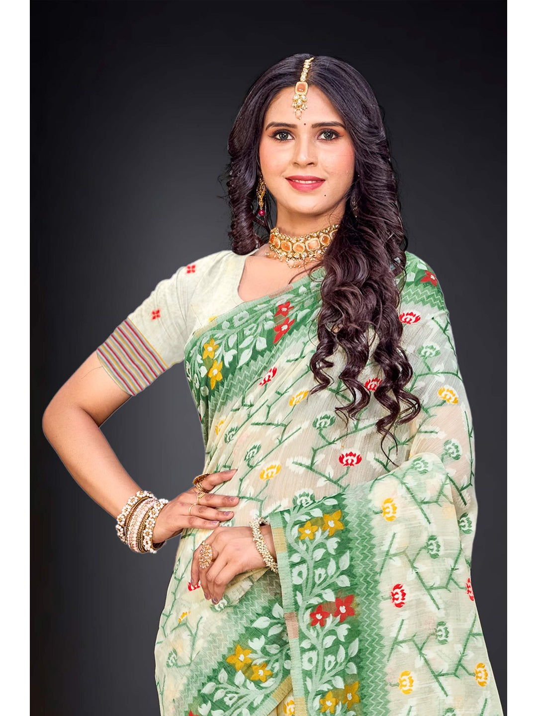 Peachmode Green Cotton Blend Saree - Image 2