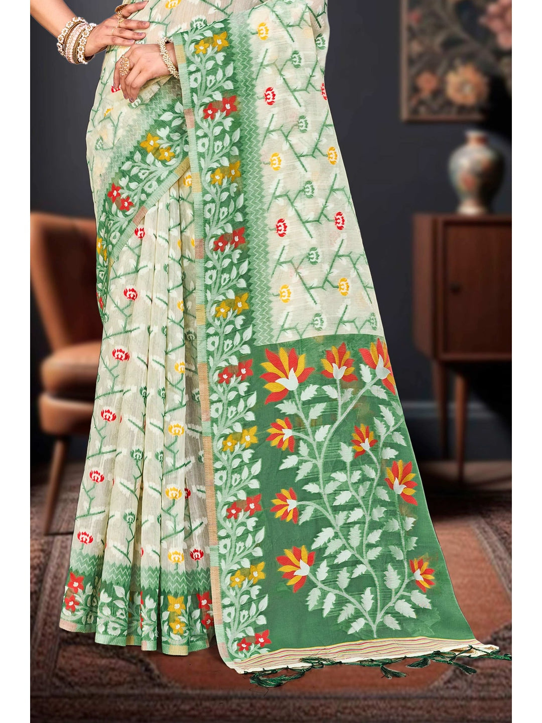 Peachmode Green Cotton Blend Saree - Image 3