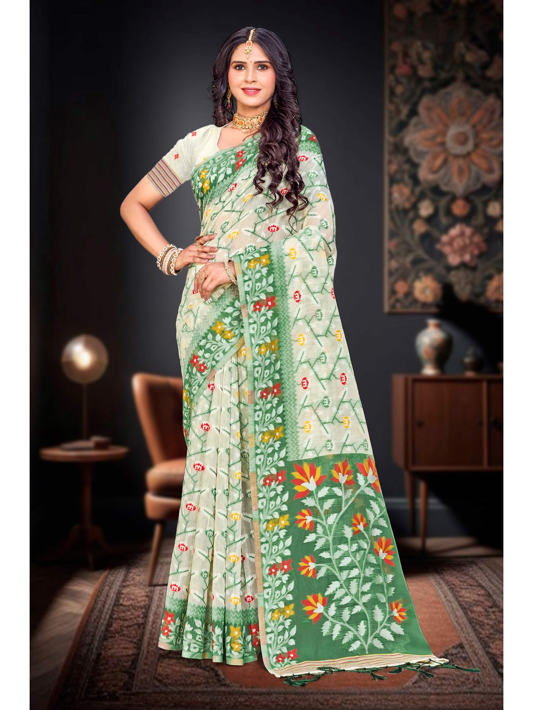 Peachmode Green Cotton Blend Saree - Image 1