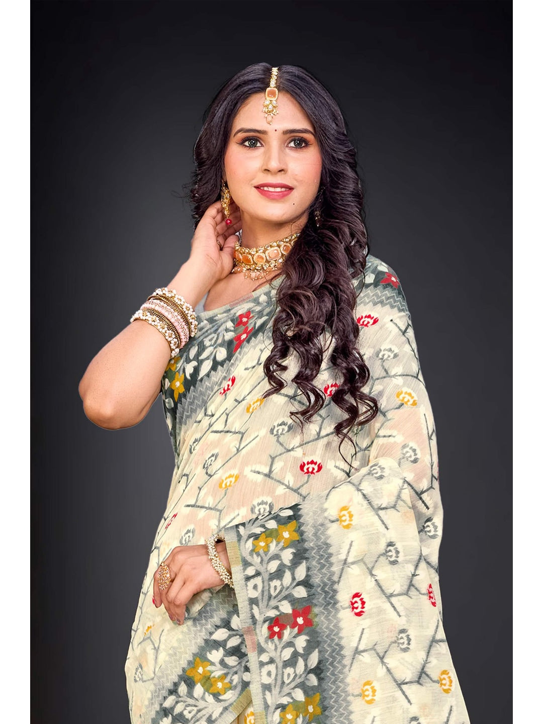 Peachmode Grey Cotton Blend Kashish-03 Saree - Image 2