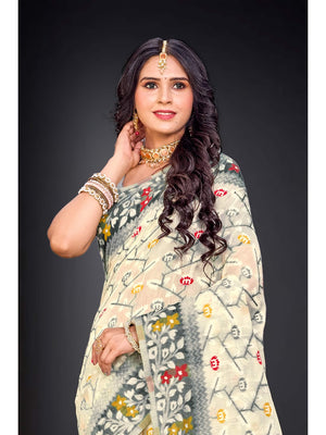 Peachmode Grey Cotton Blend Kashish-03 Saree - Image 2