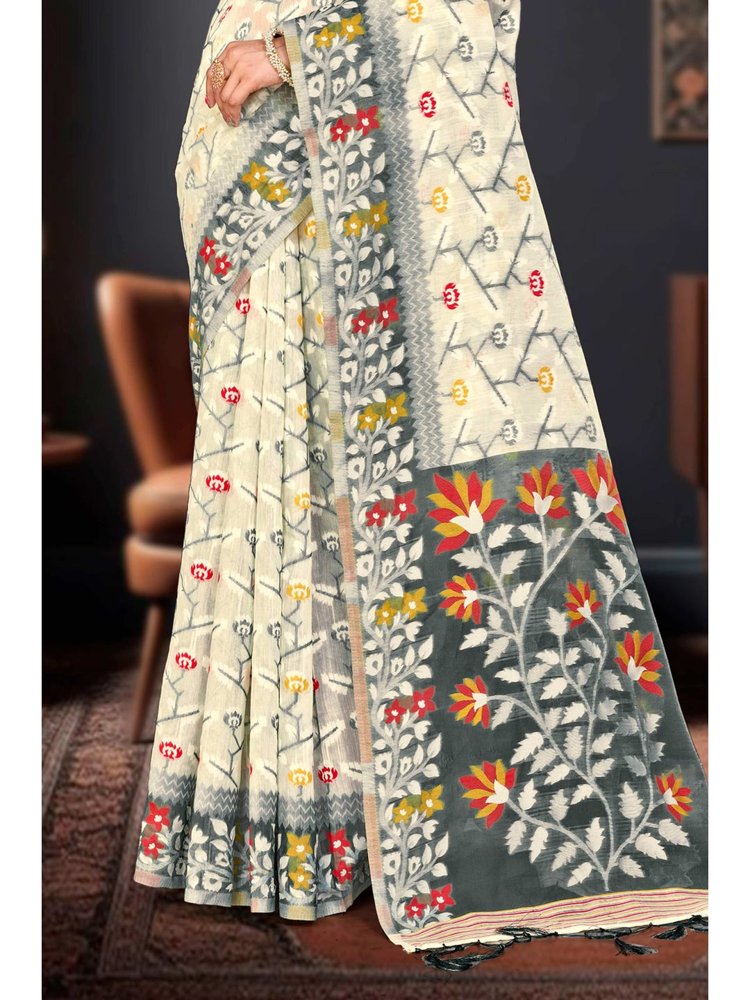 Peachmode Grey Cotton Blend Kashish-03 Saree - Image 3