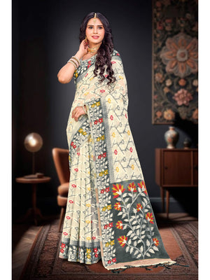 Peachmode Grey Cotton Blend Kashish-03 Saree - Image 1