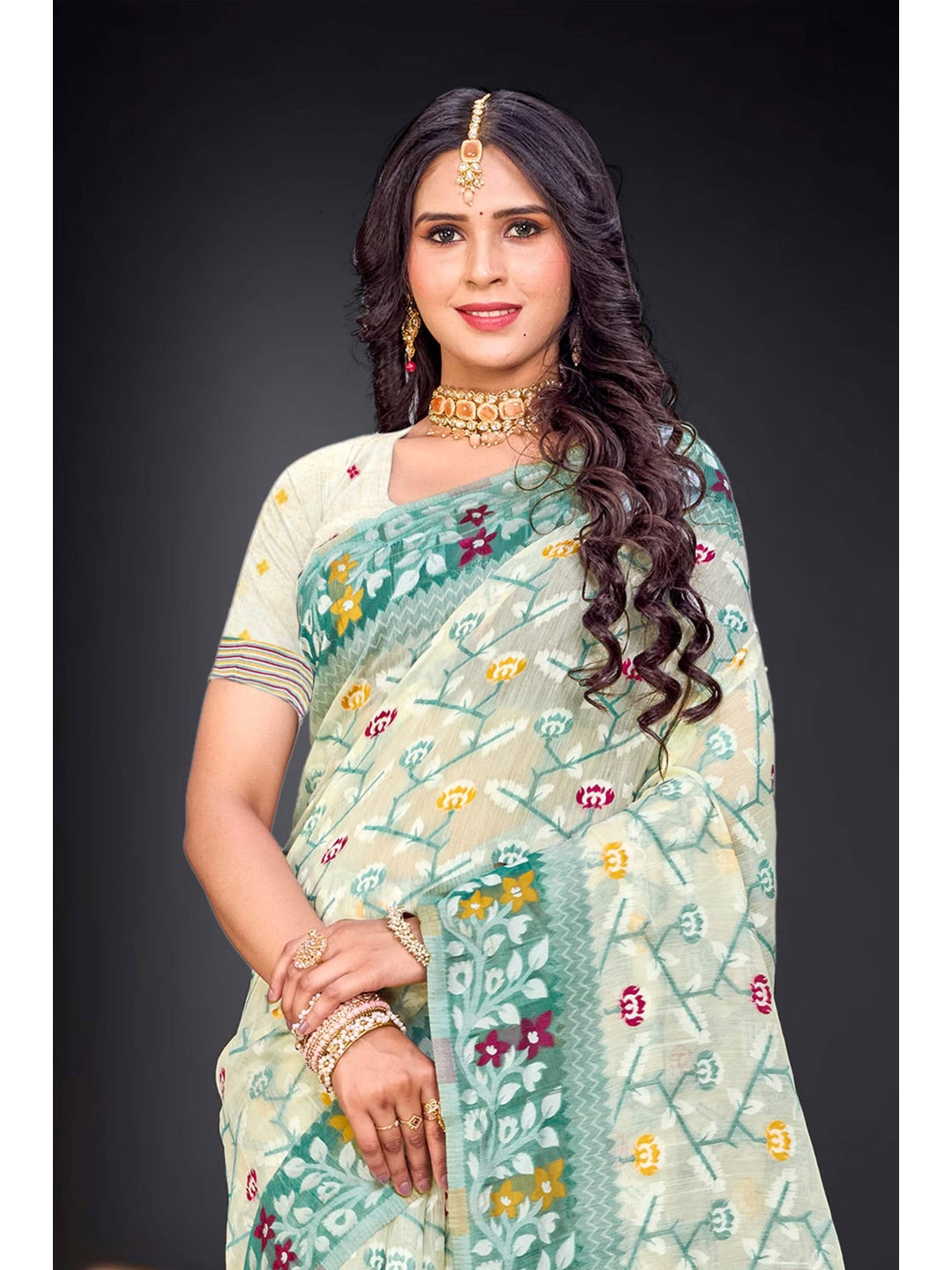 Peachmode Mint Green Cotton Blend Saree - Image 2